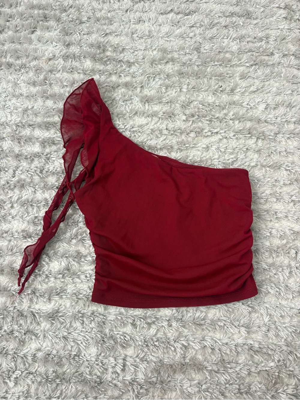 Garage One-Shoulder Sheer Ruffle Top in Deep Red